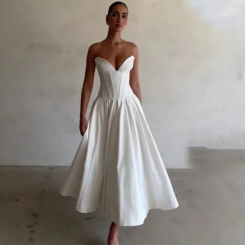 ALine Simple Midi Wedding Party Dresses Sleeveless Boning Corset Prom Gowns for Women Evening Dress for Wedding Guest 251023