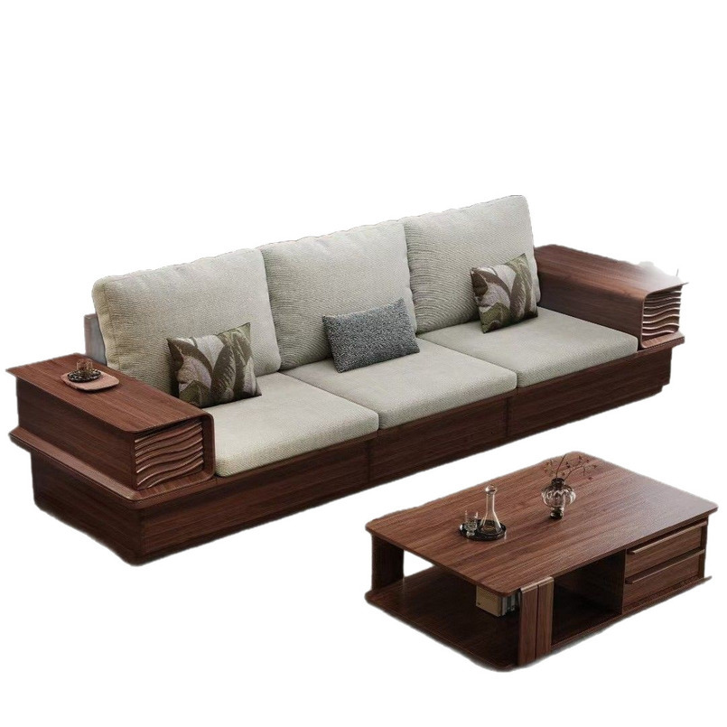 Customizable Solid Wood Black Walnut Sofa with Storage Living Room New Chinese Style Multifunctional Furniture for Small Apartment