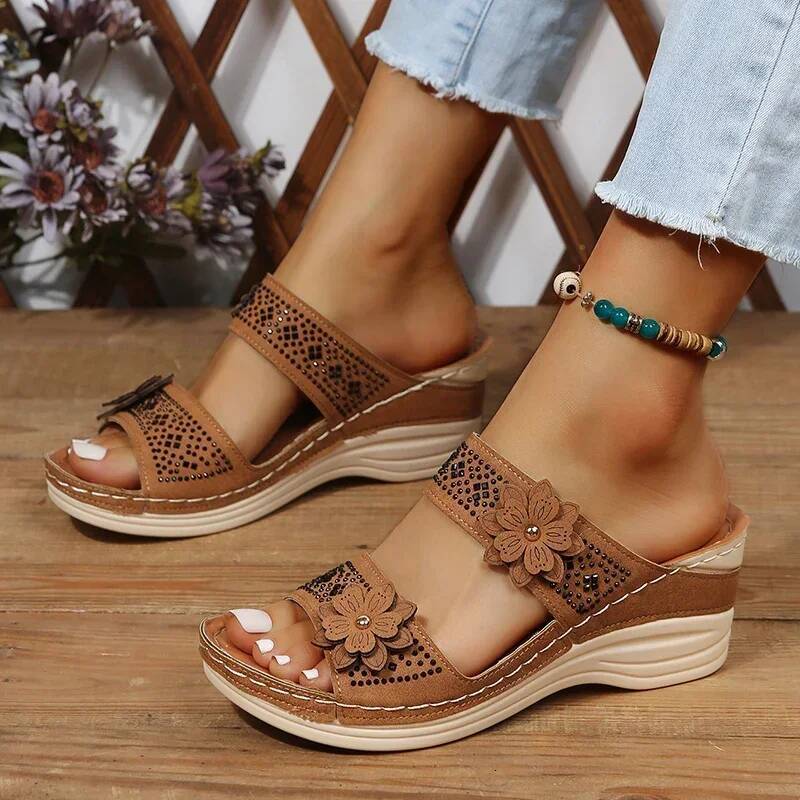 2024 Summer Plus Size Women's Shoes Retro Roman Women Pu Casual Flower Wedge Sandals Platform Slippers ddmypanda