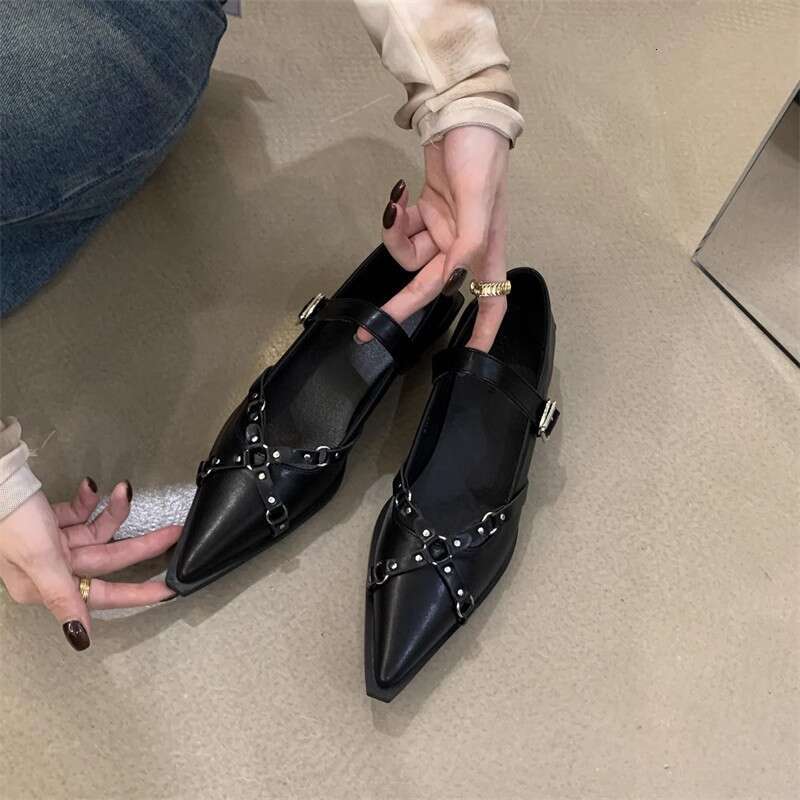 Punk Style Pointed Toe for Women 2025 New Spring Autumn Mary Jane Small Leather Niche Chunky Heel Black Designer Shoe Single Shoes