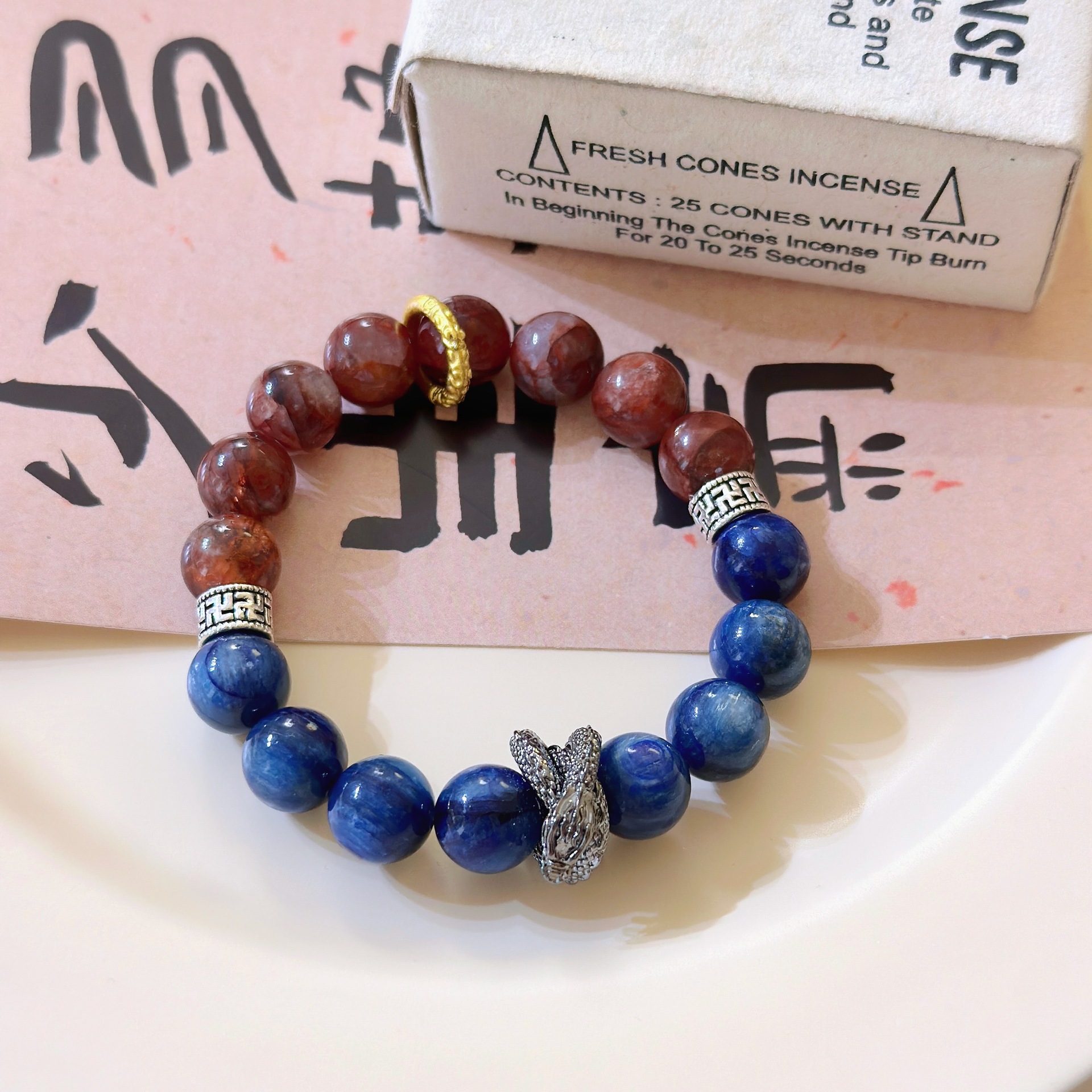 Natural Single Loop Water Red Agate Crystal Bracelet with Blue Quartz - Minimalist Luxury Design