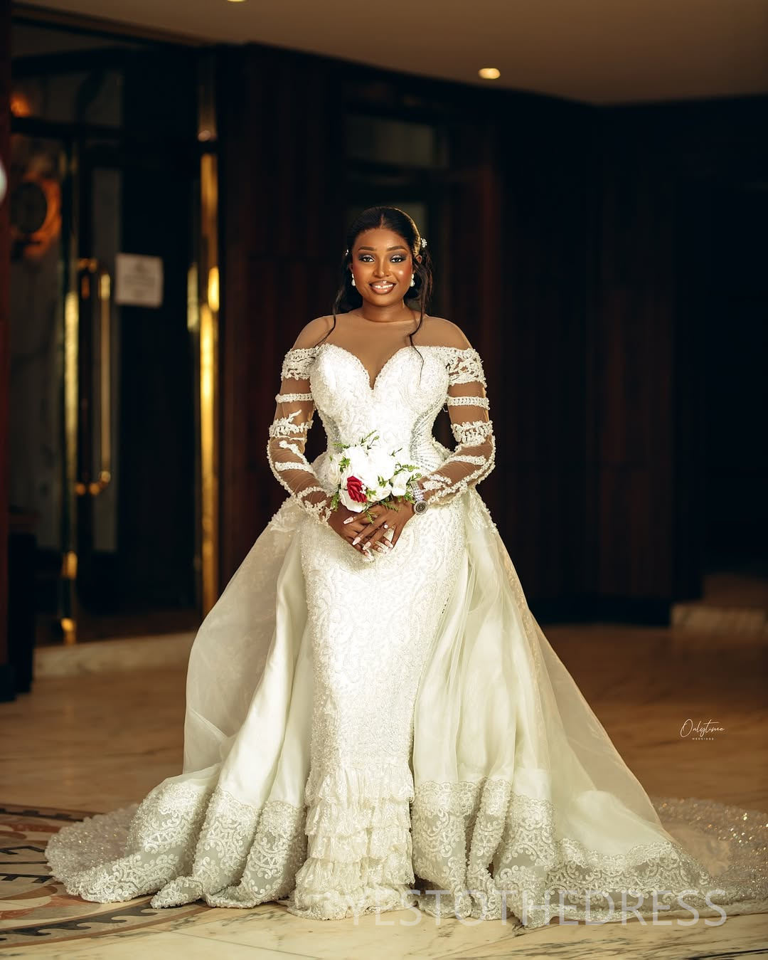 2025 Plus Size African Wedding Dress Bridal Gowns For Bride Mermaid Sheer Neck Detachable Train Illusion Appliqued Beaded Lace Wedding Gowns For Black