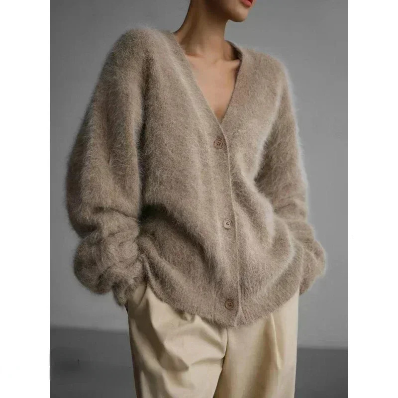 Womens Cardigans Korean Fashion Vneck Sweater Coat Long Sleeve Oversized Sweater Female Buttons Solid Knitted Jacket Women 251013