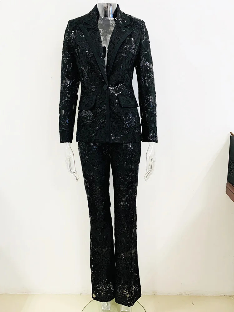 JAMERARY Fashion Mesh Embroidered Blazers Jackets Wide Leg Pants Sequins Suit Coat Women Pants White Lace Two Piece Set 251023