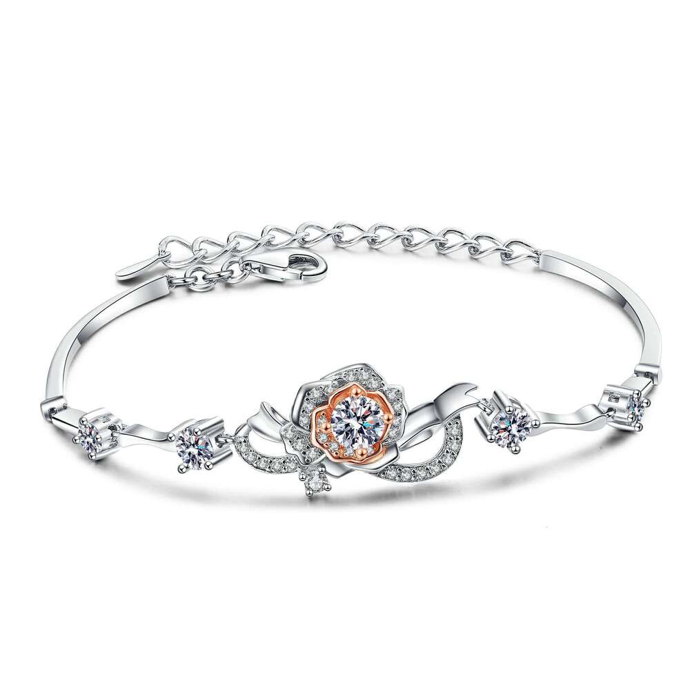 DHCollections-- XDY One Rose Flower for Women S Sier Jewelry Inlaid with Moissanite Electroplated Color-separated Bracelet