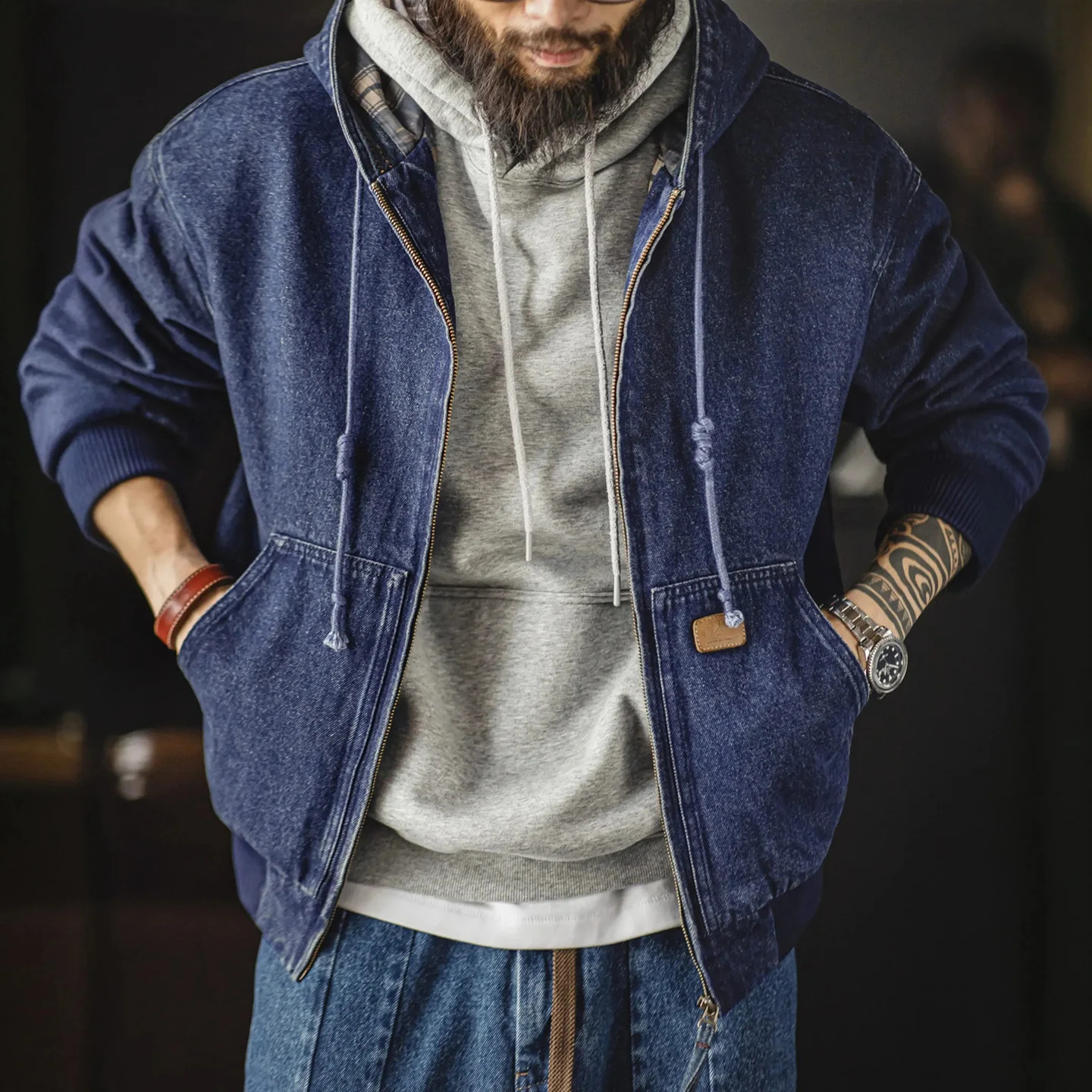 Maden Mens Retro J130 105oz Denim Jacket Heavyweight Washed Hooded Regular Fit Zip Workwear Coat with Pockets for Fall 251017