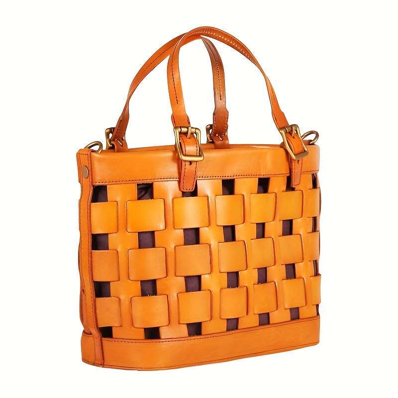 Brown Vintage Style Genuine Leather Woven Handbag For Women With Golden Accents, Zipper Closure, Polyester Lined, Shoulder & Handba