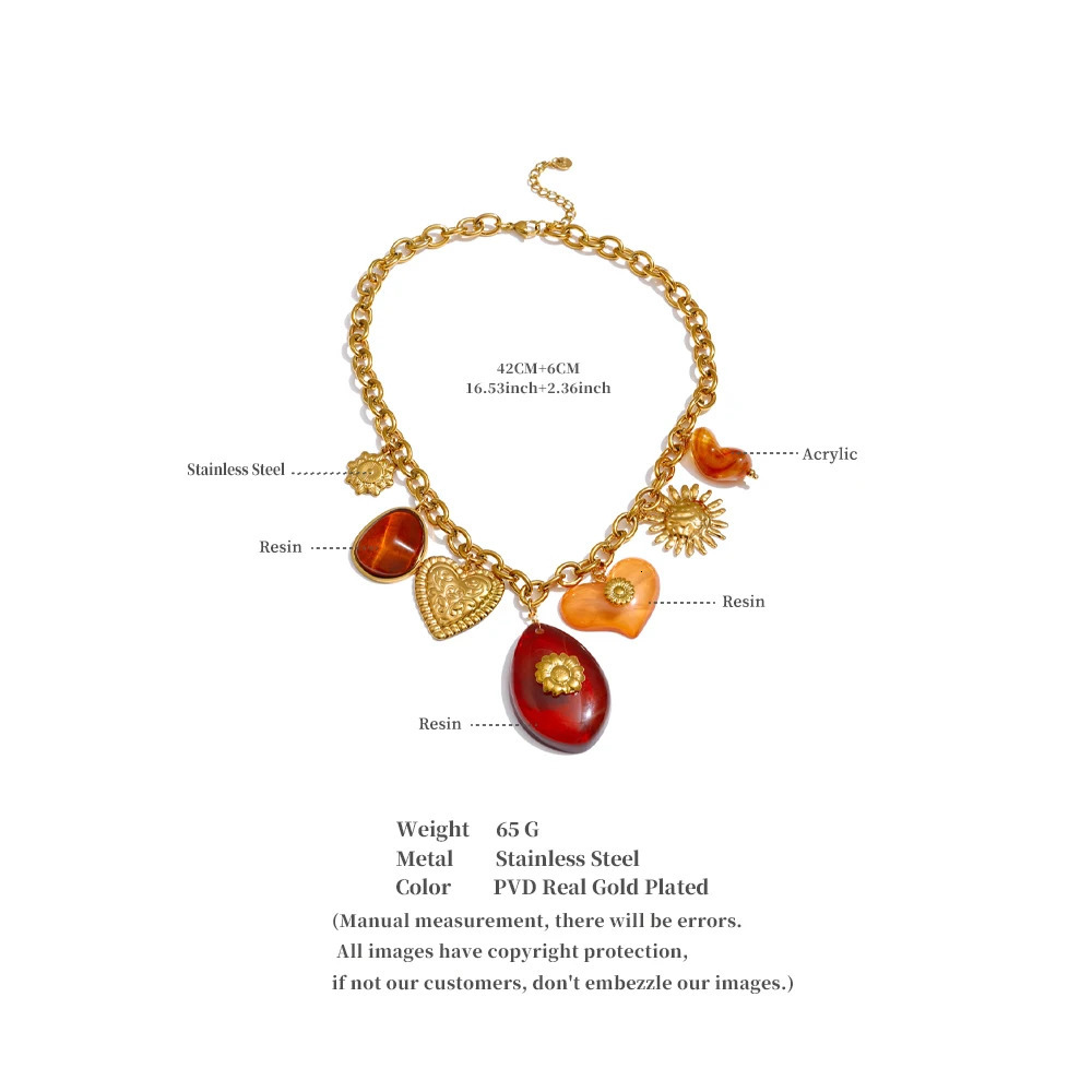 Yhpup Red Resin Oval Heart Sun Drop Necklace Golden 316L Stainless Steel Summer Charm Collar Jewelry Waterproof 2025 251016