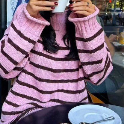 2025 Autumn Winter Women Striped Warm Knitted Pullover Elegant O-neck Long Sleeve Loose Pink Sweater