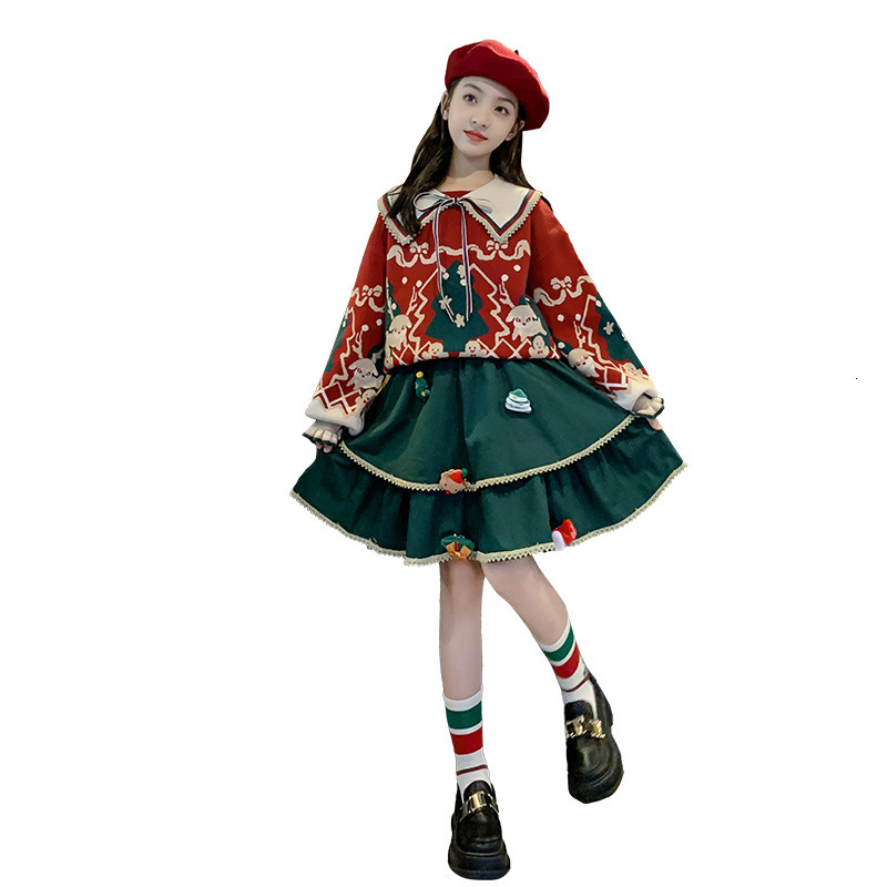 Girl Fashion Design Autumn/Winter Red Christmas Sweater Set New Fashionable Big Kids Winter Cake Skirt Two Piece Set