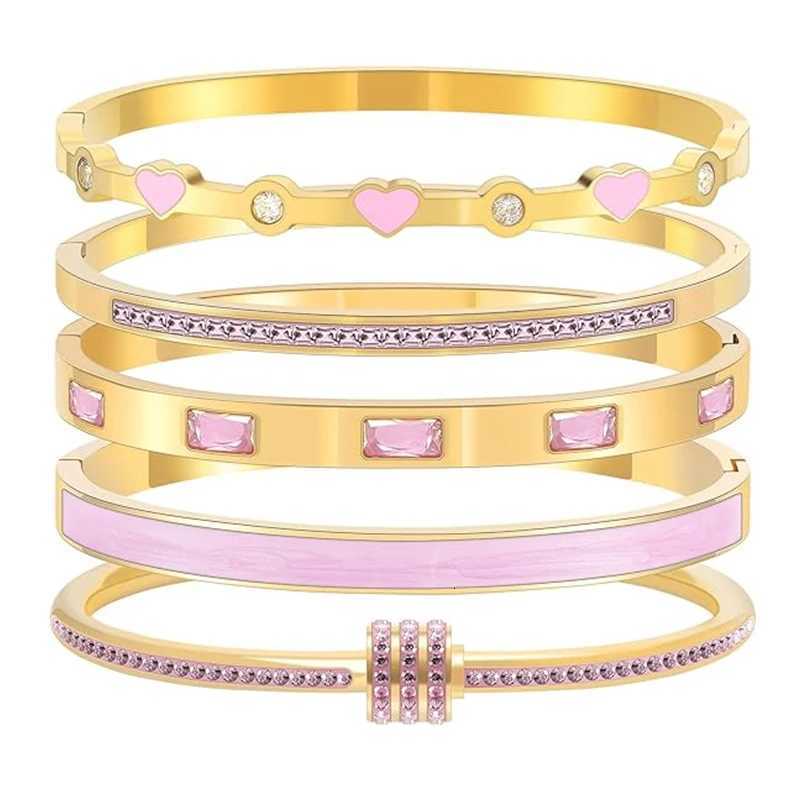 Stackable Gold Color Bangle Bracelet Set for Women 18K Gold Plated Stainless Steel Pink Crystal Love Heart Bracelet JewelryW251024