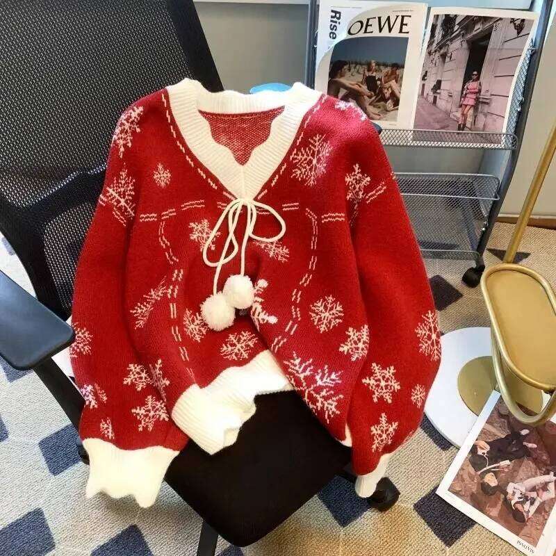 Christmas Knitted Sweaters For Women Vintage Fashion Long Sleeve Jumpers Print Loose V Neck New Autumn Winter Pullovers