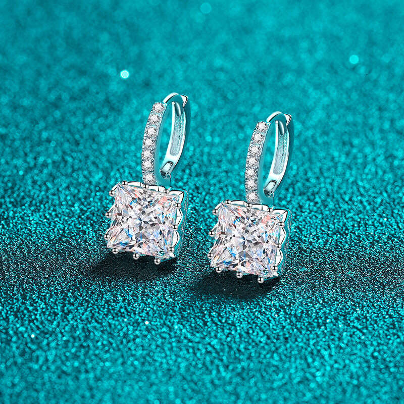 DHCollections-- Sterling Sier Earrings for Women Princess Cut Moissanite Clips Plated with PT950 Gold Ear Jewelry