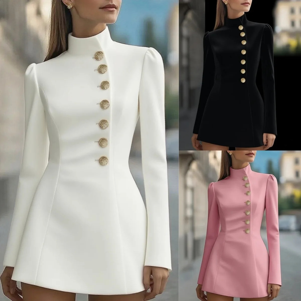 White Black Pink Button Blazer Dress Spring Autumn Turtleneck Long Sleeve Single Breasted Mini OL Workwear Business Dresses 251020
