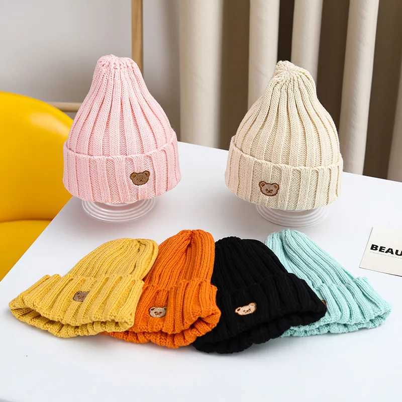 Cute Bear Baby Beanie Korean Toddler Knitted Hat Solid Color Winter Warm Woolen Crochet Bonnet 536 Months Boy Girl Skullies CapL251024