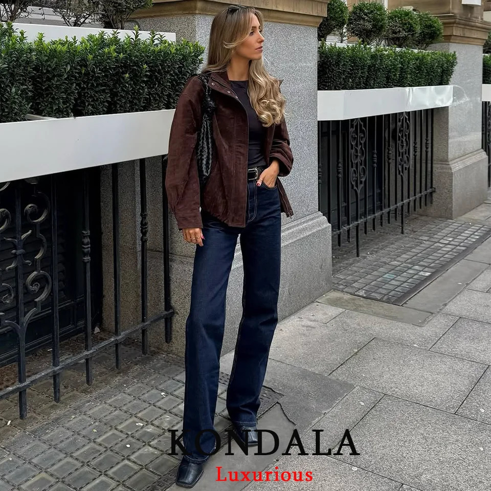 KONDALA Streetwear Suede Chic Brown Jacket Women Long Sleeve Zipper Bobmer Coats Fashion Fall Winter Casual Elegant Outwear 251020