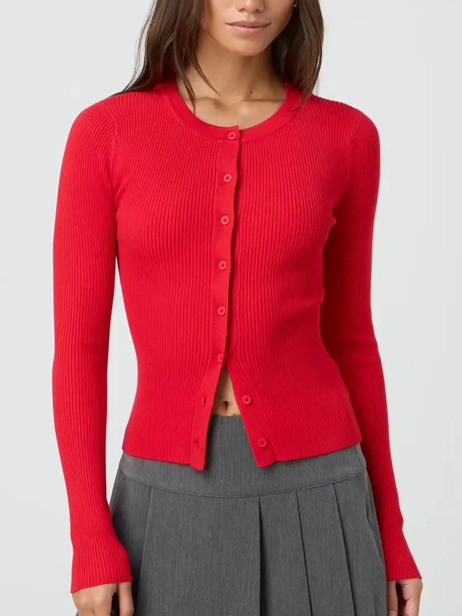 Womens Ribbed Cardigan Tops Spring Fall Solid Color Long Sleeve Round Neck Button Up Cropped Sweaters Female Casual Pullovers 251013