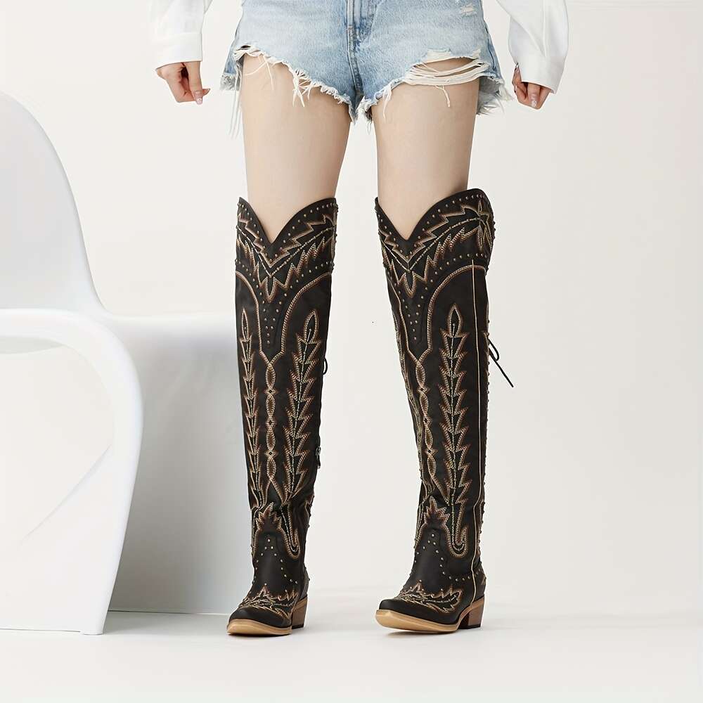 Women's Western Cowgirl Thigh-High Cowboy - Embroidered Chunky Heel With Back Lace-Up, Side Zipper & Studded Detailing, Pointed Toe Faux Cover Bo