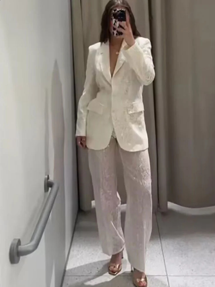 HH Female Sequins Sets TurnDown Collar Pockets SingleBreasted BlazersHigh Waist Zipper Trousers Womens Autumn Pant Set 251023