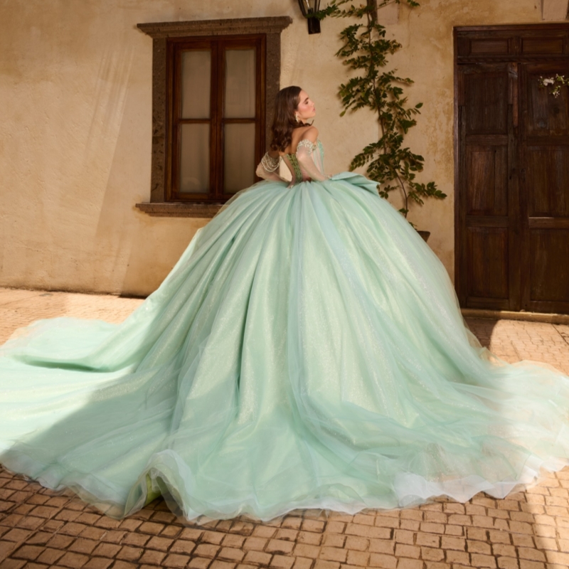 Sage Green Shiny Quinceanera Dresses Ball Gown Off The Shoulder Beading Crystal Bow Corset Tull Party Birthday Sweet 16 Dress Vestidos 15 De Anos