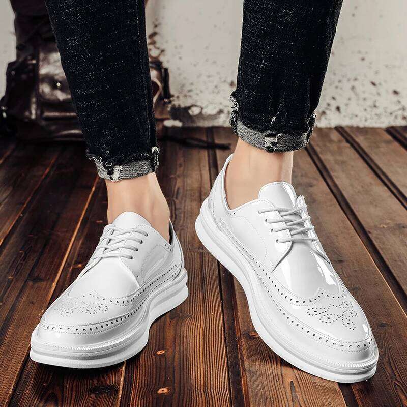 Fashion Derby Leather Men White Brogue Lace Up Solid Simple Dress Business Casual Party Wedding Flat Shoes For Man