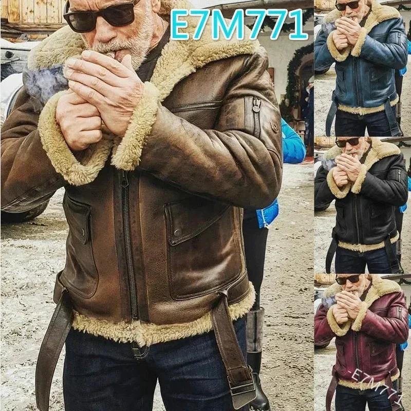 Men Autumn Jacket Bomber Biker Zipper Motorcycle Faux Fur Coat Male Fleece Pilot Vintage Faux Leather Velvet Jacket Winter 251023