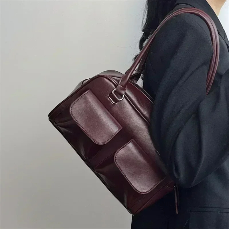 Vintage Women Business Shoulder Bags Simple Ladies Commute Tote Bag Pu Leather Female Underarm Bag Burgundy Large Handbags Purse 251023