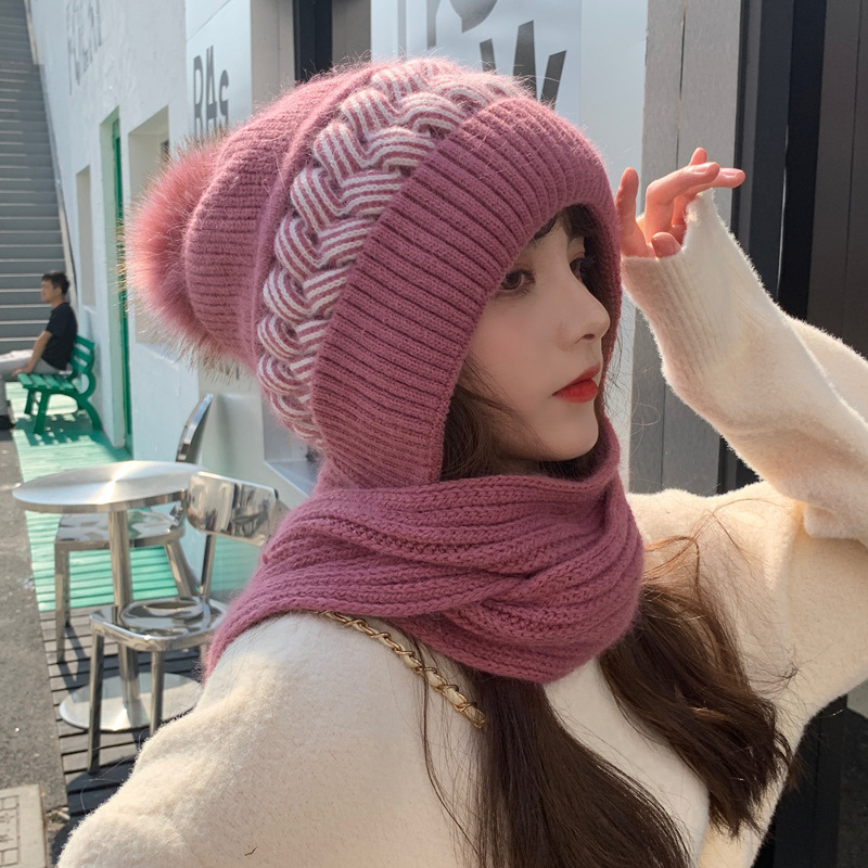 for Women Autumn Cute Hat Knitted Cold Ear Neck Protection Thickened Wool Scarf Integrated Winter Warmth