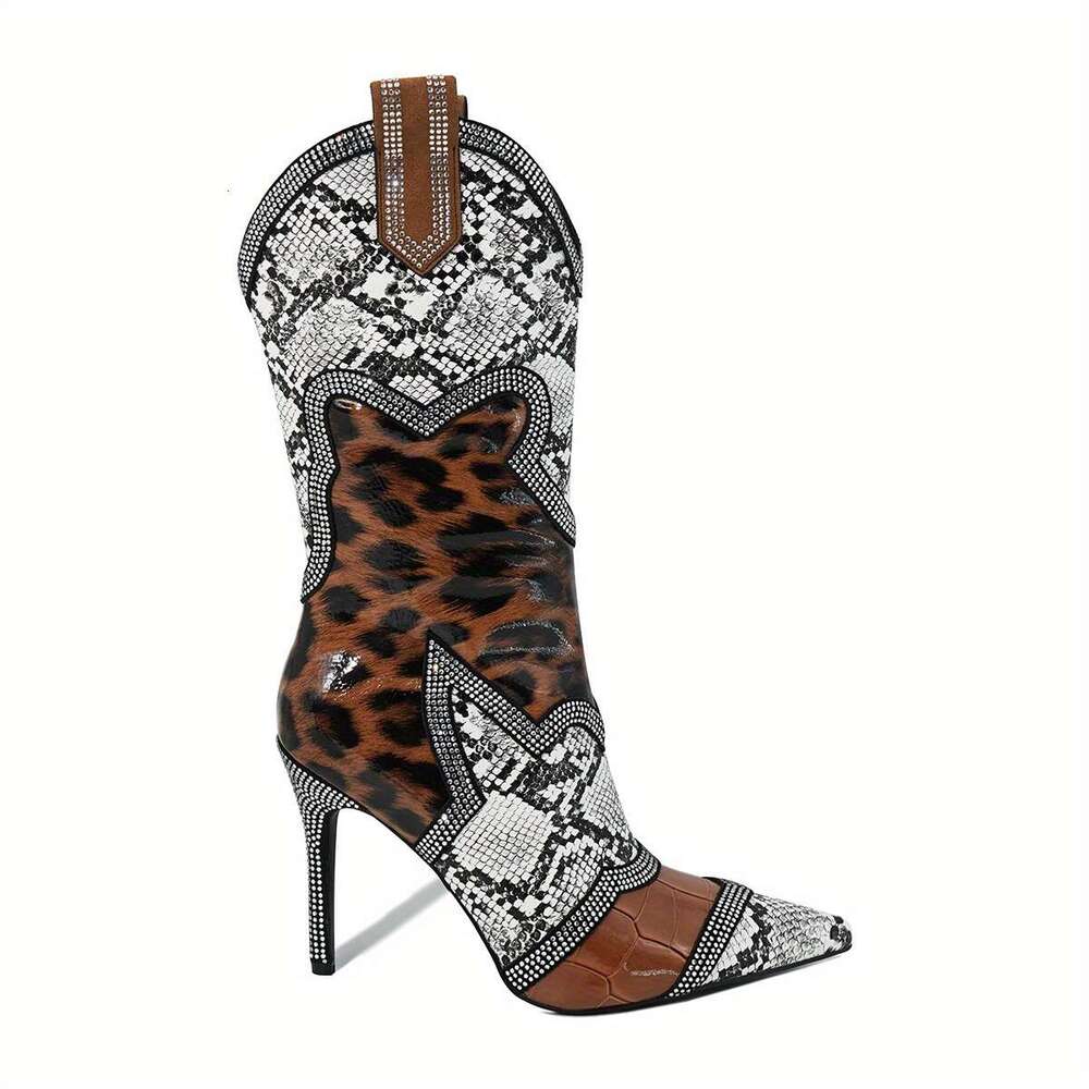Women's Slim High Heels, Color Blocked Rhinestones, Winter Midsole Boots