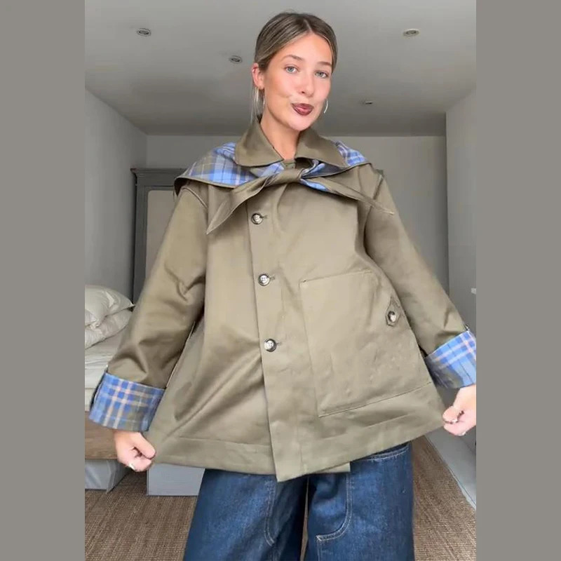 Vintage Plaid Embroidery Reversible Trench Coat Women Single Breasted Pocket Long Sleeve Jacket Autumn Lady Streetwear 251021
