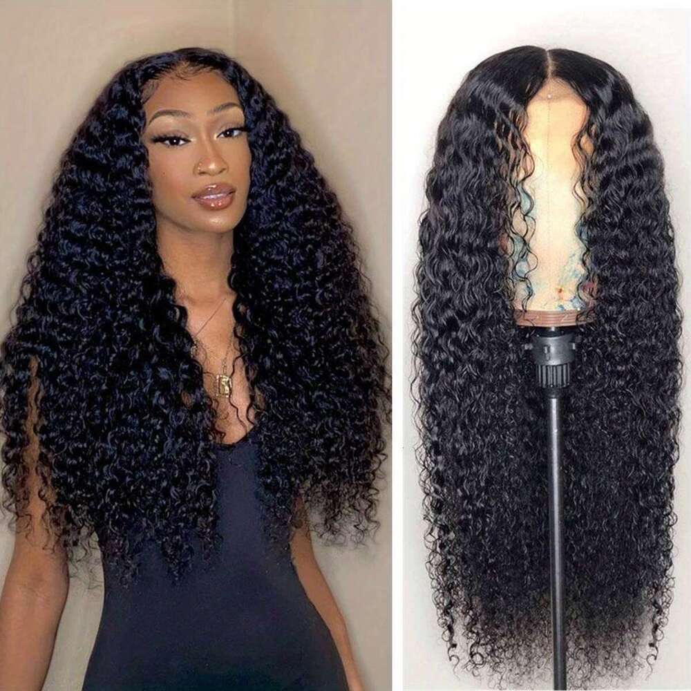 Human Front Wig Deep Wave 4x4 Lace Closure HD Transparent Wigs for Women 180% Density Brazilian Virgin Pre Plucked with Baby Hair Natural Black Color