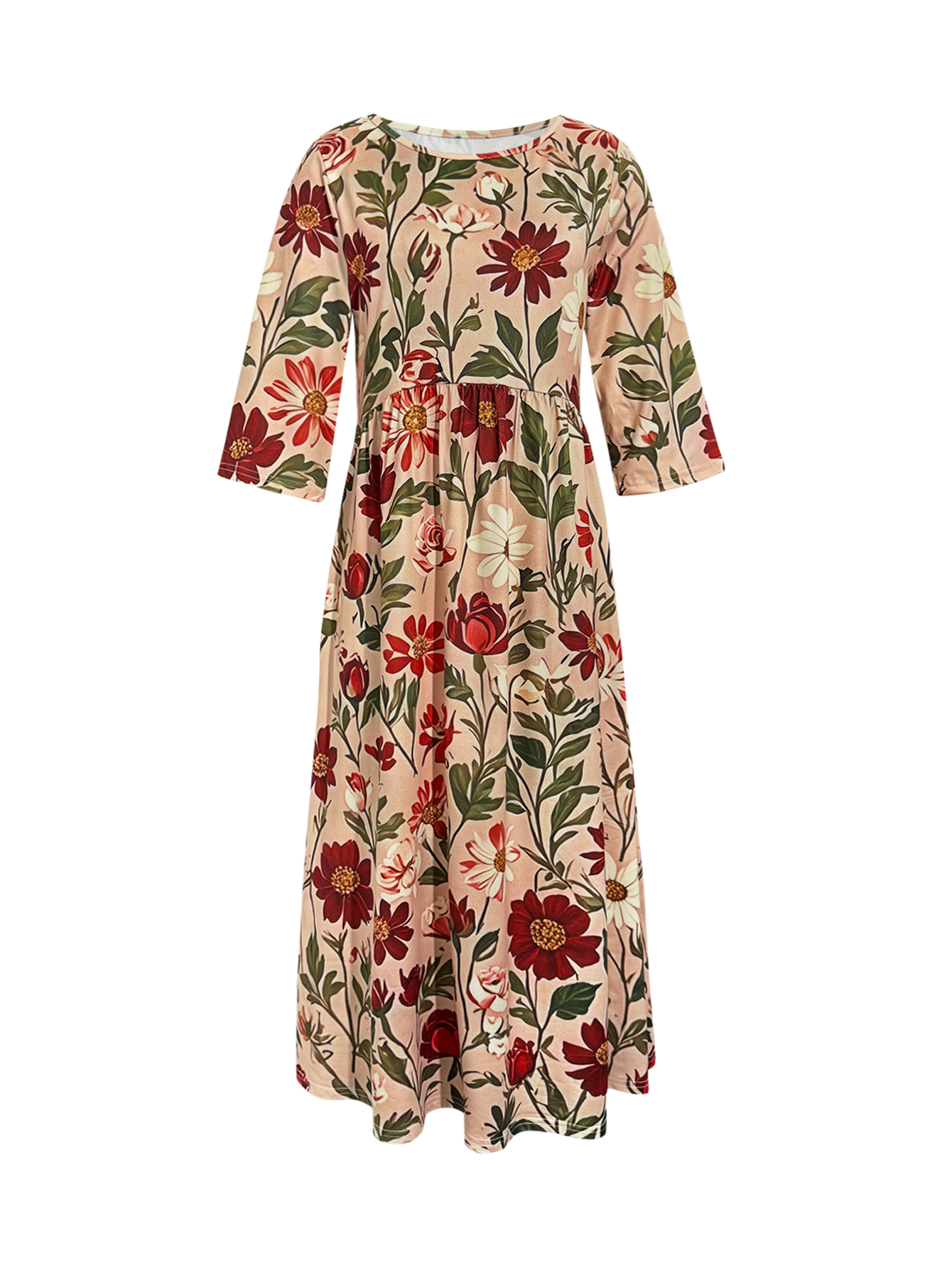 Autumn New Women's Floral Printed Elegant Half-Sleeve Midi Dress, Milk Silk Fashion Mom Dress, S-XXL Floral--CF50928