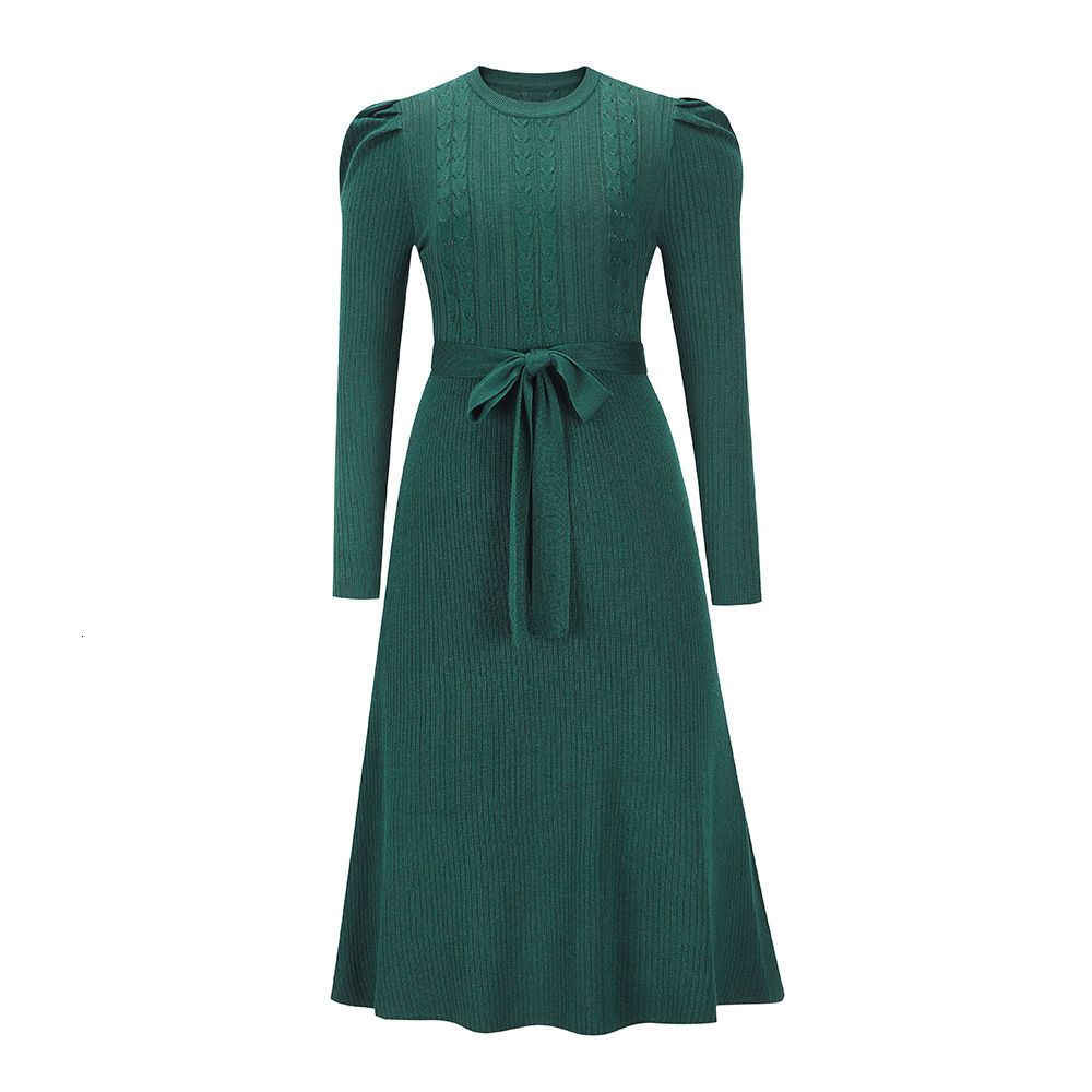 Autumn and winter new bubble long sleeved knitted dress, mid to long, elegant and slim fit designer, high waisted flared dress, base sweater dress