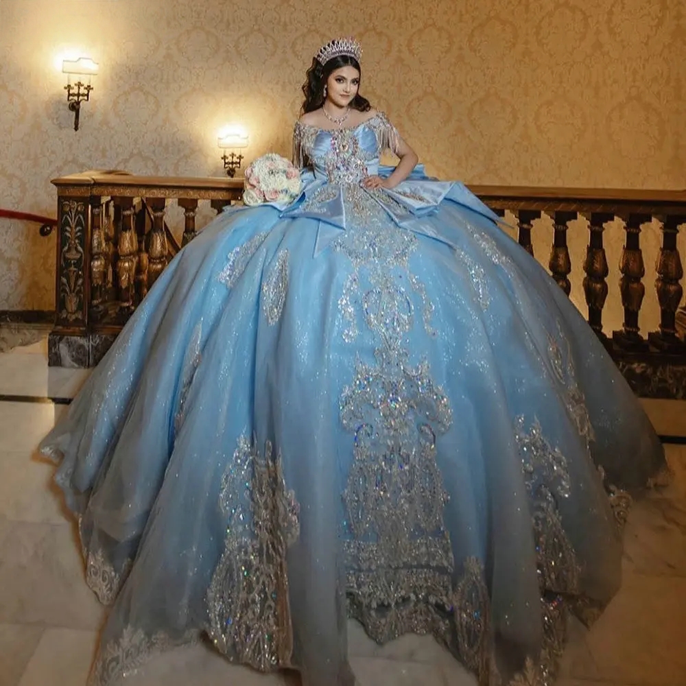 Light Blue Crystal Beading Tassel Quinceanera Dresses Ball Gown Off The Shoulder Appliques Lace Sweet 15 Anos Mexican