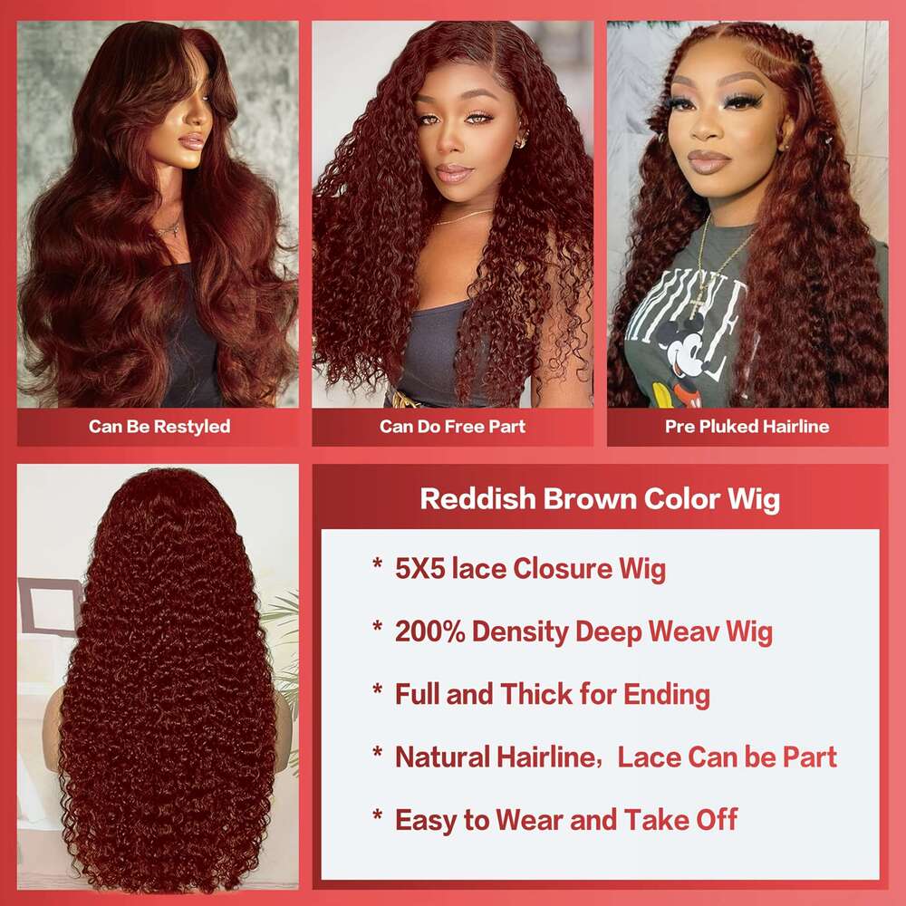 Women'S Brazilian Human Hair Glueless Wig HD Deep Wave 180% Density Red Natural Brown Base with Blonde Highlights, 5x5 Lace Front Closure, Comfor