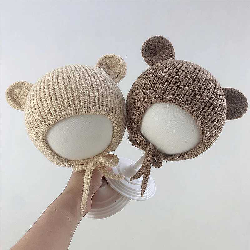 Bear Baby Ear Protection Woolen Cap Solid Color Toddler Beanie Children Knitted Hat 14 Years Boy Girl Kids Winter Warm HeadgearL251024