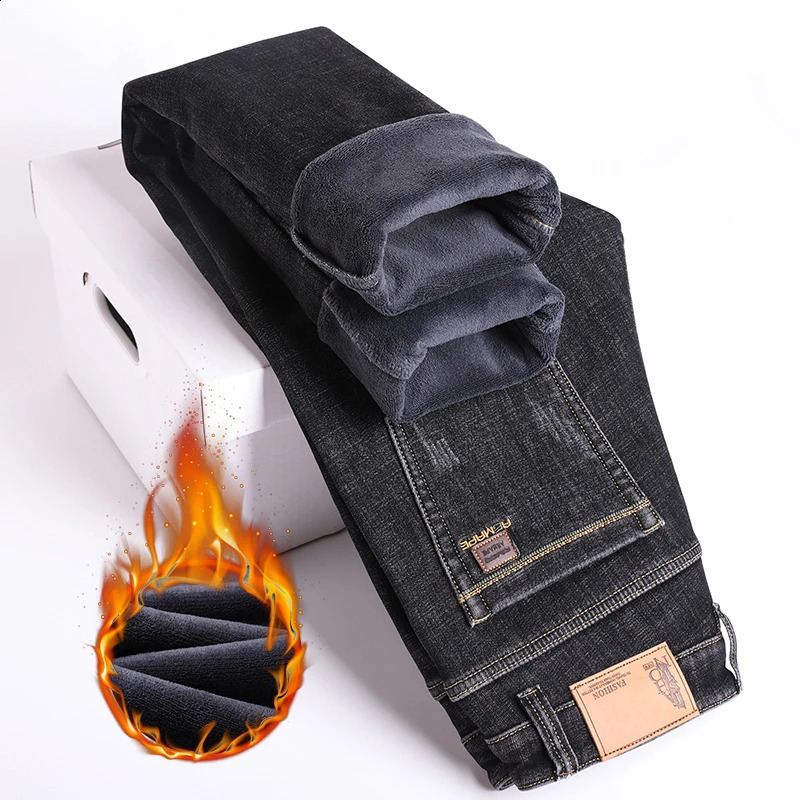 Winter Men Fleece Warm Jeans Classic Style Business Casual Thicken Velvet Slim Denim Pants Trousers Male Size 2842 251018