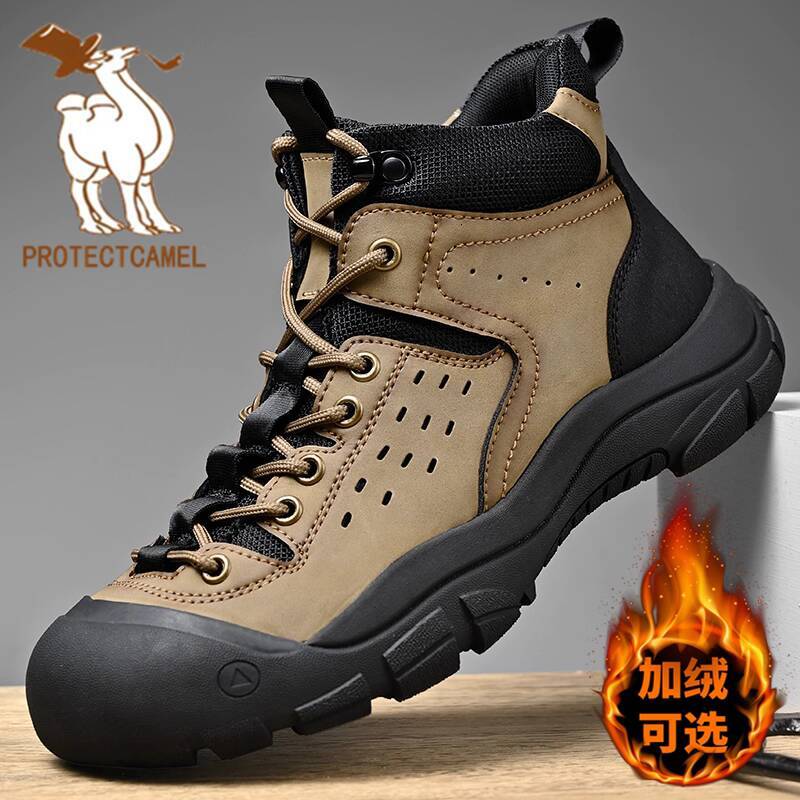 Paul Camel Men's Shoes Winter Fleece-Lined High-Top Cotton Footwear Genuine Leather Anti-Slip Outdoor Hiking Shoes & Snow Work Boots