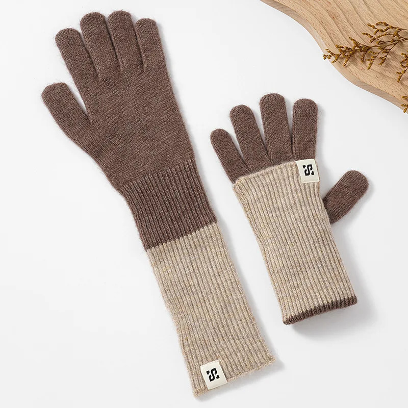 Autumn and Winter Womens Mid To Long Color Blocked Knitted Gloves Warm and Colorful with Simple Finger Knitting 251023