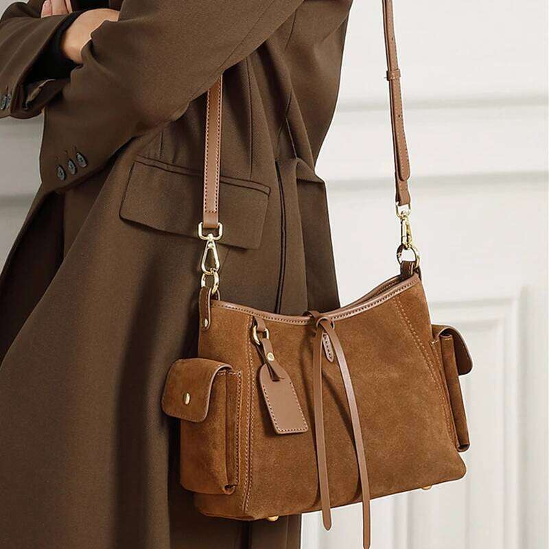 Burminsa Suede Cowhide Genuine Leather Underarm Shoulder Bags For Women 2025 Designer Bucket Crossbody Ladies Handbags