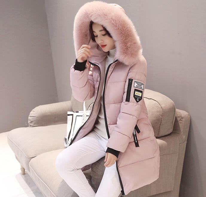 Women Fur Collar Down Jacket Parka Fashion Letter Patch Zipper Pockets Cardigan Design Long Jacket Elegant Slim Fit Warm Thick Female Coats Winter