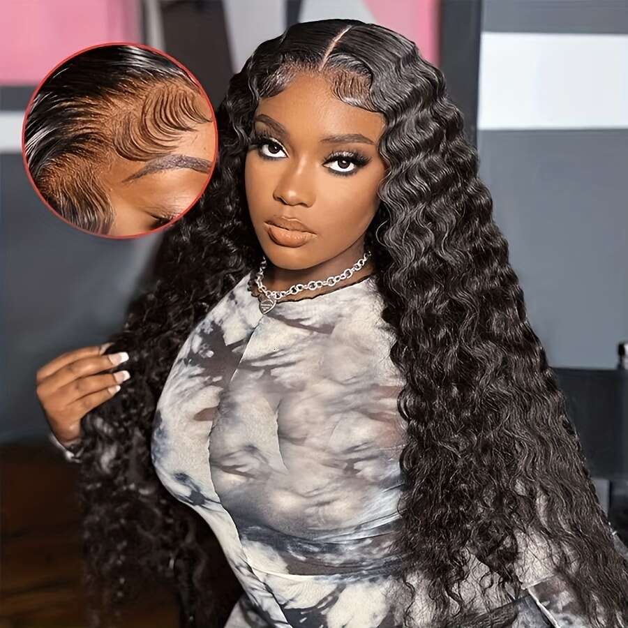 Elegant Deep Wave Glueless Human Hair Wig - Pre-Plucked 6x4 HD Lace Front, Ready to Wear, 200% Density, Natural Black Curly Texture Women, Perfect for