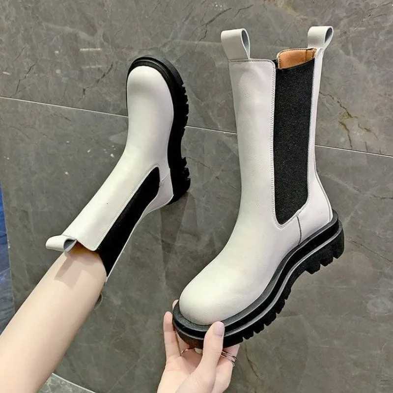 Black Ladies Boots Elegant with Low Heels Shoes for Women Chelsea Mid Calf Half High Footwear Spring Autumn Sale Quality 2025 Pu W251024