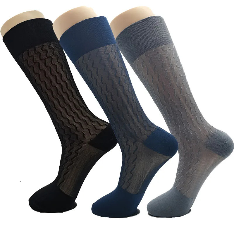 5 Pairs High Quality Silk Socks Large Retro Stockings Fashion Jacquard Wave Long Business Dress Sheer Socks for Men 251023
