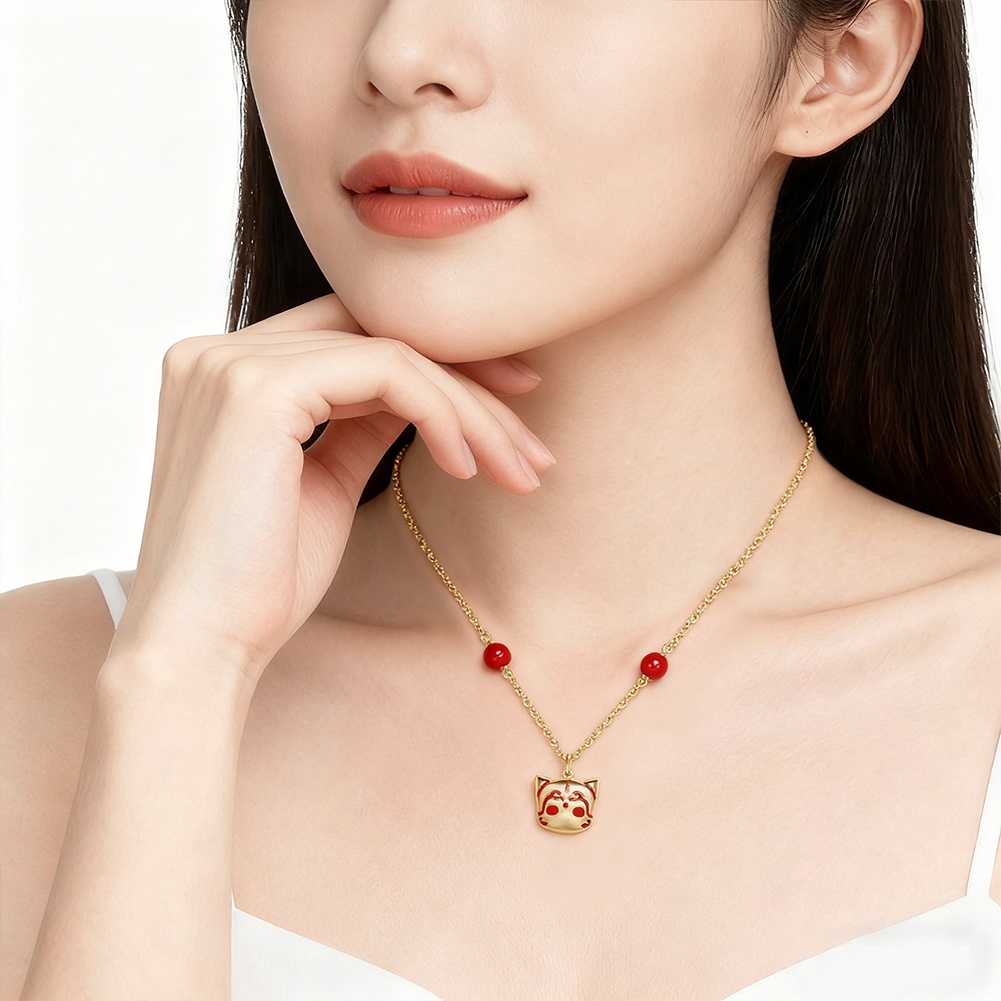 Women's Cat Necklace & Bracelet Set with Red Agate - Exquisite Design, Adjustable Chain, Dainty Jewelry Set for Daily Wear & Gift-EL22-31