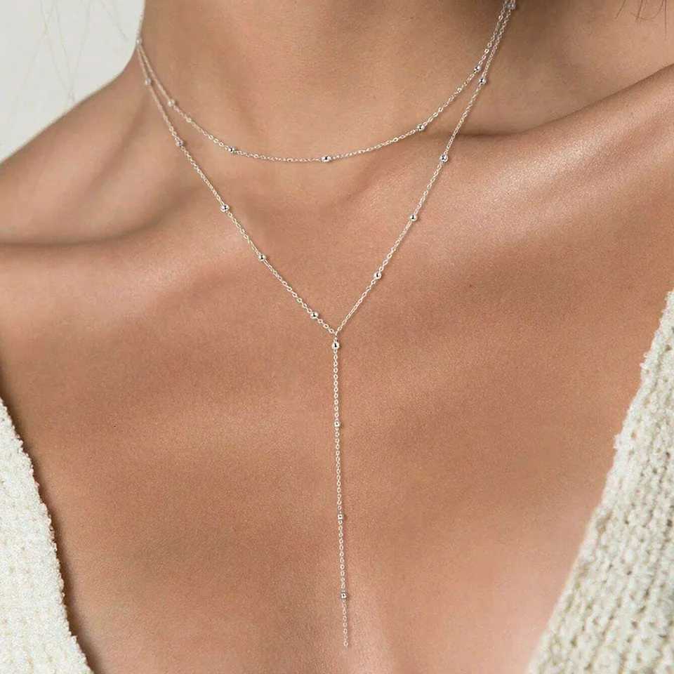 DGIDDK Stainl Steel Vintage Gold Double Long Chain Drop Necklace Female Simple Metal Geometric Beads Tassel Necklace JewelryXJ251024