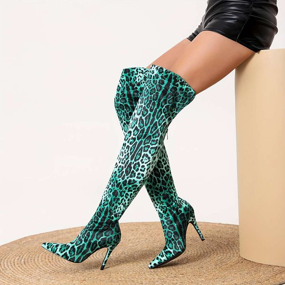 Winter Leopard Print Women's Knee High Heels