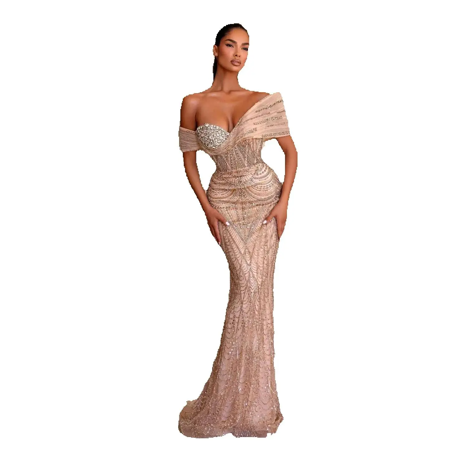 Sexy Mermaid Evening Dress Sleeveless Prom Gowns Off Shoulder Beads V-Neck Modern Prom Dress vestidos de novia Size Customized Robes De Mariee L252795