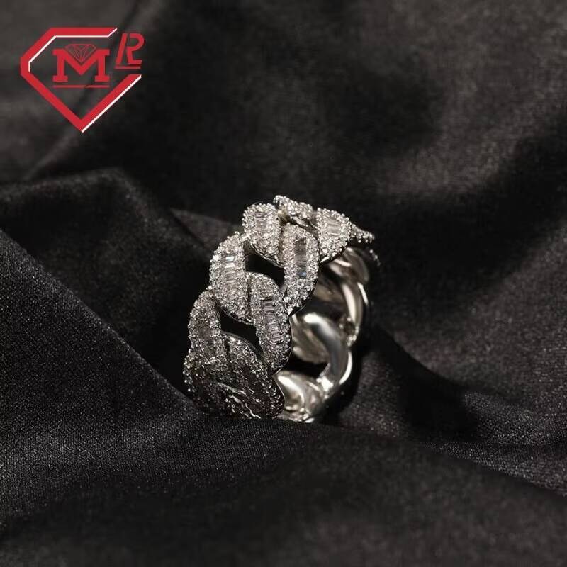 Hip Hop 13MM Baguette Cuban Rings Mens Cuban Ring 925 Sterling Silver Iced Out VVS Hip Hop Moissanite Ring