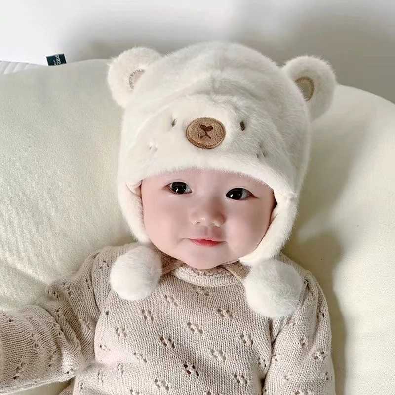 Cute Winter Warm Kids Girl Boys Baby Hats Fleece Wool Hemming Caps with Ball Solid Wool Ear Protection Hats Soft Newborn BonnetL251024